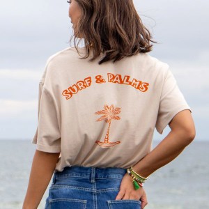 Tシャツ トップス 半袖 ハワイ レディース メンズ ユニセックス ハワイアン サーフ ファッション ベージュ ヤシの木 サーフボード 海 ビ
