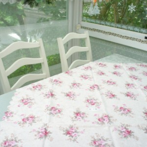 撥水トップクロス 100×100cm ロマンチックローズ柄 テーブルクロス ピンク クリーム 正方形 薔薇 スカラップ