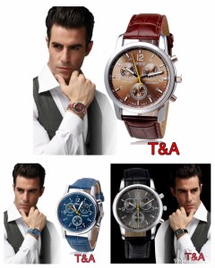 1 腕時計　メンズ　 高品質　レザー　革　ベルト アナログ　クォーツ　ウォッチ オシャレ　時計 人気ブランド　黒　茶色　青 3カラー
