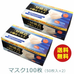 在庫あり 当日出荷 マスク100枚 (50枚×2) 送料込 不織布マスク 大人用  普通サイズ 3層構造 立体プリーツ ふんわり丸ひも 使い捨て