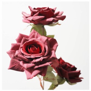 バラ　薔薇　造花　1本（花3輪）　フェイクグリーン　ギフト・プレゼント　カラー：スモークレッド　くすんだ色合いの造花