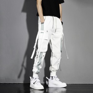 カーゴパンツ ホワイトライン 紐 韓国ファッション ストレートパンツ メンズ サイズ ポケット付き ホワイトパンツ ダンス ウエスト バイ