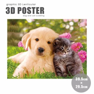 インテリア 3D 絵 寄り添う犬と猫 2匹 レンチキュラー アニマル 立体 アート トリック 玄関 絵画 北欧 賃貸 背景 プレゼント 贈物 シンプ