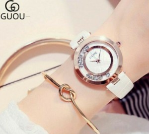 GUOU　ラインストーンがエレガントなファッション腕時計　（ホワイト、ブラック、ピンク）キラキラ　時計
