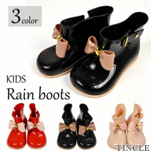 子供用 レインブーツ 女の子 16cm〜18cm リボン 雨靴 ショートブーツ キッズ 雨具 3color KT206