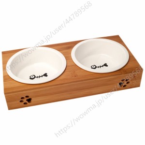 ペット食器 猫 小型犬 ボウル 天然竹製スタンド 陶器 食べやすい (ホワイト)