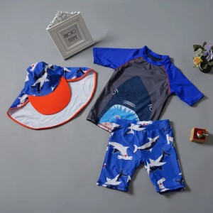 男の子水着、日焼け止め用UPF 50+ラッシュガードセット - 子供用水着シャツトランクセットと巾着ストレッチ素材