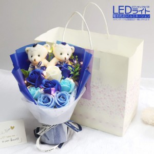  LEDつきのバラ ソープフラワー ベア 枯れない花 石鹸 花 バラ 造花 花束くま束 ブーケ 可愛いぬいぐるみ(ベア2匹、ローズ7輪) ?意プレゼ