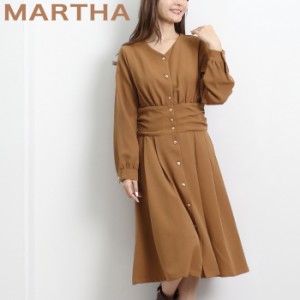 ワンピース サッシュベルト フレアー MARTHA マーサ きれいめ 体型カバー ウェストシェイプ 長袖 ミモレ丈 大人 上品 キャメル 大きいサ