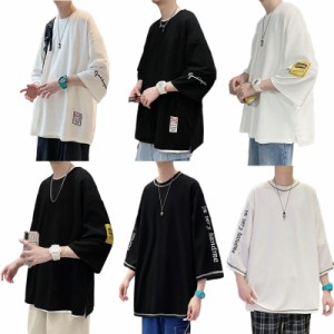 韓国 服 メンズ レディーストップス 無地 Tシャツ 半袖 7分袖 ロゴ  ビッグTシャツ オーバーサイズ 