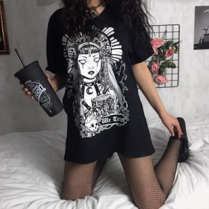 暗黒系 Tシャツ 黒病み ダーク 半袖 レディース 病みかわいい ゆったり ロングT 韓国 トップス おしゃれ ブラック