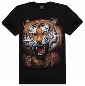 送料無料 1500円 半袖 Tシャツ メンズ レディース トラ 寅 タイガー 綿100％ 3Dプリント ブラック i2tshirts014