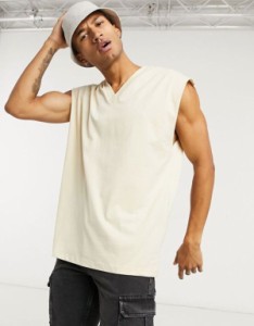 エイソス メンズ タンクトップ トップス ASOS DESIGN oversized tank top with v neck in beige Creme brulee