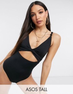 エイソス レディース 上下セット 水着 ASOS DESIGN Tall loop front swimsuit with knot in black Black