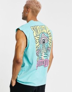 エイソス メンズ タンクトップ トップス ASOS DESIGN oversized tank in washed blue with skate back print Green