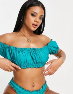 エイソス レディース トップのみ 水着 ASOS DESIGN puff sleeve ruched crop bikini top in green Green