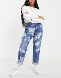 エイソス レディース デニムパンツ ボトムス ASOS DESIGN Hourglass cotton blend 'slouchy' mom jeans with paint splatter - MBLUE Mid