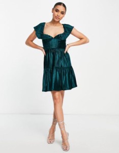 エイソス レディース ワンピース トップス ASOS DESIGN babydoll smock plisse velvet skater mini dress in forest green FOREST GREEN