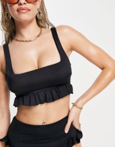 エイソス レディース トップのみ 水着 ASOS DESIGN mix and match crop frill bikini top in black Black