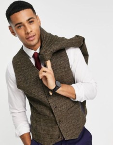 エイソス メンズ タンクトップ トップス ASOS DESIGN slim dogtooth check vest in brown BROWN