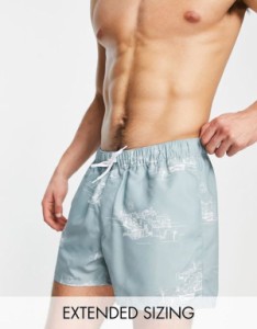 エイソス メンズ ハーフパンツ・ショーツ 水着 ASOS DESIGN swim shorts in short length with scenic line print in blue Slate