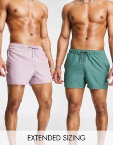 エイソス メンズ ハーフパンツ・ショーツ 水着 ASOS DESIGN 2 pack swim shorts in short length in dark green/purple SAVE Pine green/