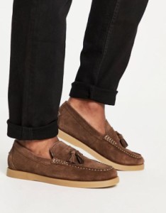 エイソス メンズ デッキシューズ シューズ ASOS DESIGN boat shoe in brown suede with contrast sole BROWN