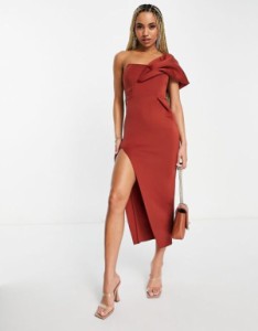 エイソス レディース ワンピース トップス ASOS DESIGN one shoulder seamed bust midi dress with high leg slit in rust Rusty Red