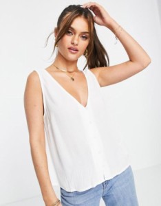 エイソス レディース タンクトップ トップス ASOS DESIGN v-neck crinkle tank top with shell buttons in ivory WHITE