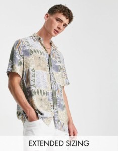 エイソス メンズ シャツ トップス ASOS DESIGN relaxed shirt in gray vintage-inspired print BEIGE