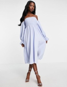 エイソス レディース ワンピース トップス ASOS DESIGN shirred Bardot blouson sleeve midi prom dress in baby blue Dusty blue