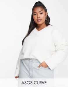 エイソス レディース ニット・セーター アウター ASOS DESIGN Curve chunky v neck sweater in cream Cream