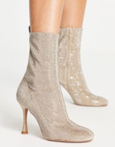 エイソス レディース ブーツ・レインブーツ シューズ ASOS DESIGN Elegant embellished high-heeled ankle boots in cream CREAM