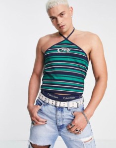 エイソス メンズ タンクトップ トップス ASOS DESIGN stripe halter neck tank top in green with front print GREEN