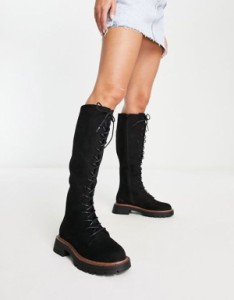 エイソス レディース ブーツ・レインブーツ シューズ ASOS DESIGN Carolina chunky lace up knee high boots in black Black