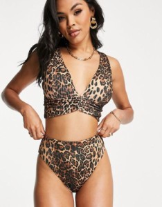 エイソス レディース ボトムスのみ 水着 ASOS DESIGN mix and match rib high leg high waist bikini bottom in leopard print LEOPARD P