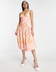 エイソス レディース ワンピース トップス ASOS DESIGN corset detail drop waist midi dress in pink and orange tie dye Multi
