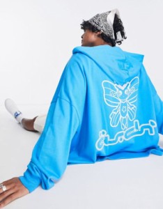 エイソス メンズ パーカー・スウェット アウター ASOS DESIGN super oversized zip up hoodie in blue with moth back print Dresden blu