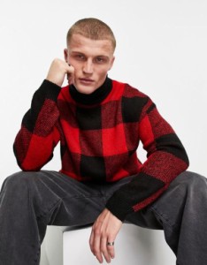 エイソス メンズ カーディガン アウター ASOS DESIGN fluffy knit check roll neck sweater in red & black RED