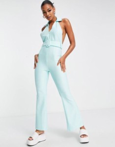 エイソス レディース ワンピース トップス ASOS DESIGN ribbed zip front collared jumpsuit with belt in baby blue Baby blue