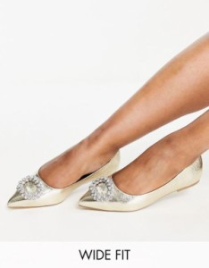 エイソス レディース パンプス シューズ ASOS DESIGN Wide Fit Laura embellished pointed ballet flats in gold metallic Gold metallic