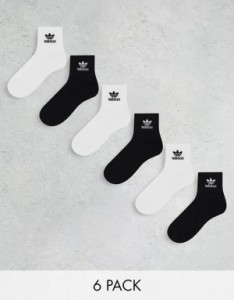 アディダス メンズ 靴下 アンダーウェア adidas Originals 6 pack quarter socks in black and white Multi