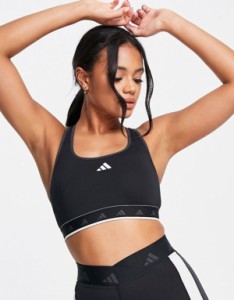 アディダス レディース ブラジャー アンダーウェア adidas Training Techfit color block mid-support sports bra in black and white Bl