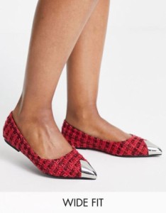 エイソス レディース パンプス シューズ ASOS DESIGN Wide Fit Lexy metal toe cap ballet flats in red tweed Red tweed