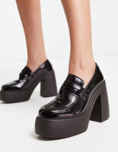 エイソス レディース スリッポン・ローファー シューズ ASOS DESIGN Palette chunky high heeled loafers in black BLACK PATENT