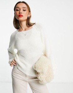 エイソス レディース カーディガン アウター ASOS DESIGN sweater with volume sleeve and textured stitch in cream Cream