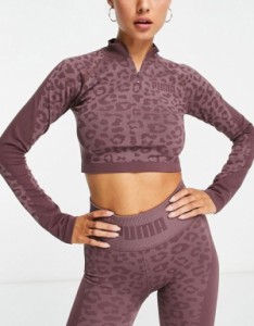 プーマ レディース パーカー・スウェット アウター Puma Training Formknit seamless 1/4 zip top in mauve leopard print BROWN