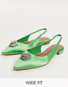 エイソス レディース パンプス シューズ ASOS DESIGN Wide Fit Lotus embellished slingback ballet flats in green satin Green satin