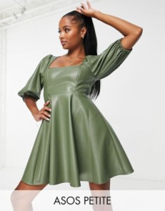 エイソス レディース ワンピース トップス ASOS DESIGN Petite leather look babydoll mini skater dress in olive OLIVE