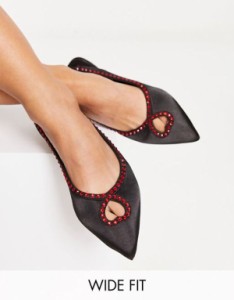 エイソス レディース パンプス シューズ ASOS DESIGN Wide Fit Lust heart diamante ballet flats in black satin Black/red